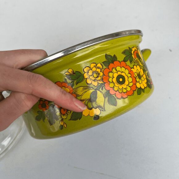 VTG 70s Avocado Green Floral Enamel Pot w/ Glass Lid Retro Boho Kitchen Decor - Picture 11 of 14